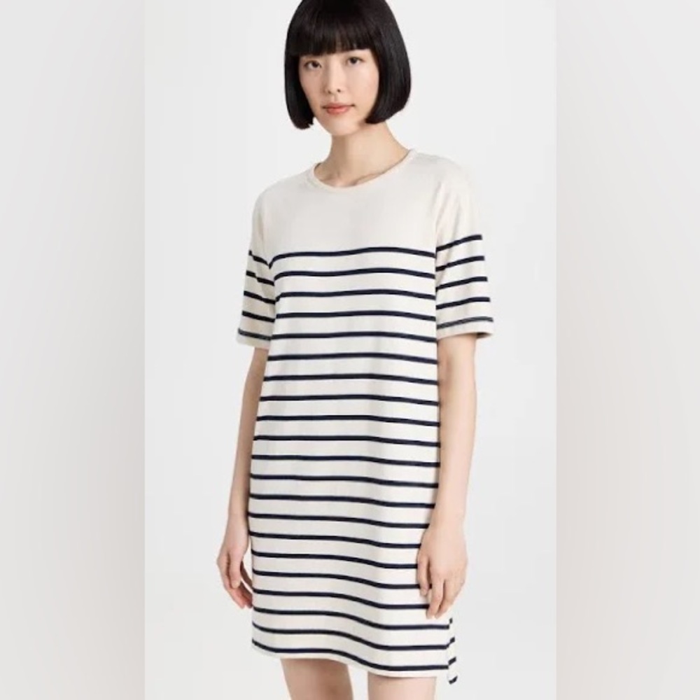 Faherty Cayman Striped Drop Shoulder T Shirt Dress; Women’s Medium, Cream/Navy